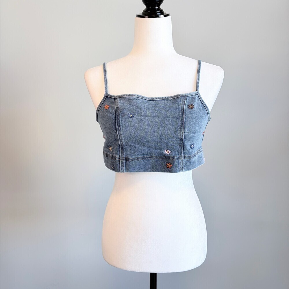 Banjara Denim Crop Top Floral Embroidered Sleeveless Festival Blue Women Size M